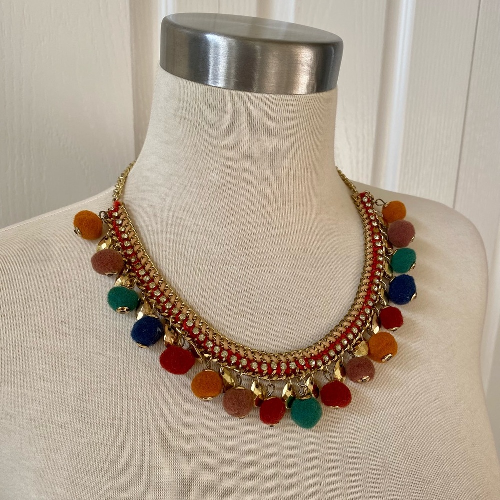 Multi-Color Pom Pom Statement Necklace - Gold Tone